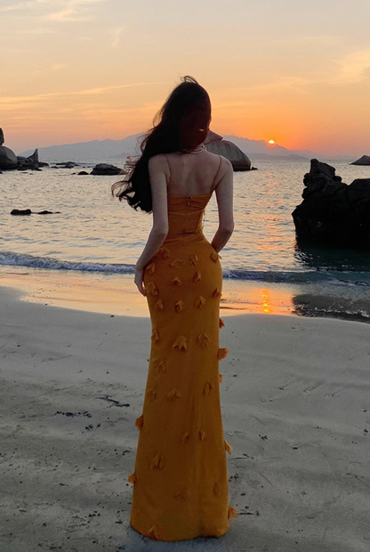 Marigold  Mermaid Spaghetti Strap 3D Flower Long Prom Dress ED01190