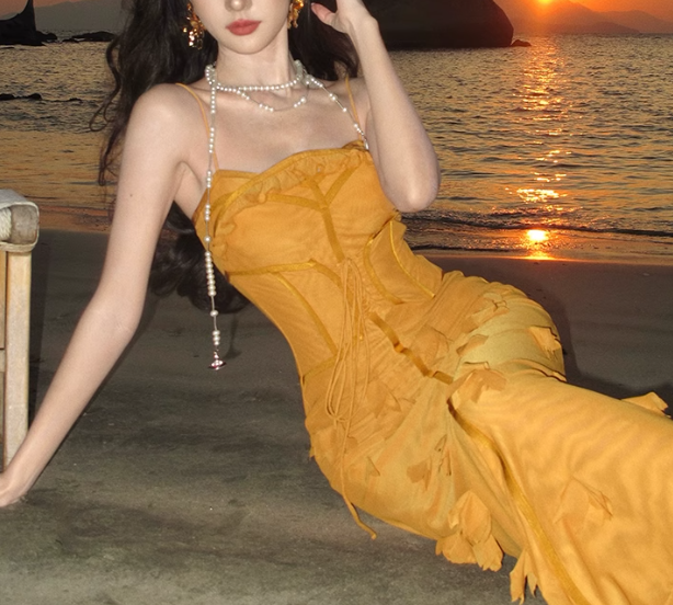 Marigold  Mermaid Spaghetti Strap 3D Flower Long Prom Dress ED01190