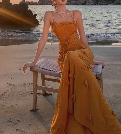 Marigold  Mermaid Spaghetti Strap 3D Flower Long Prom Dress ED01190