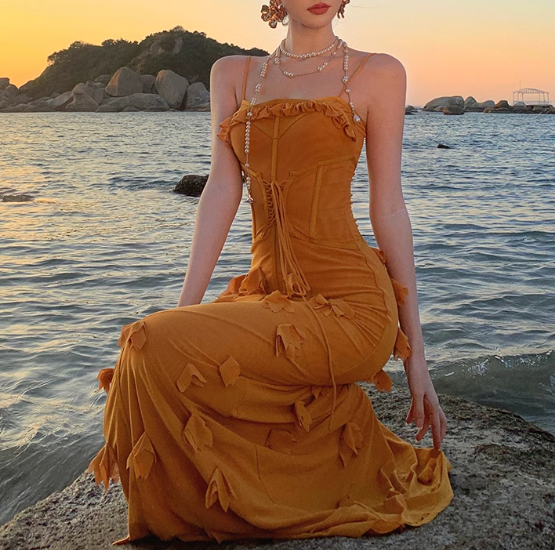 Marigold  Mermaid Spaghetti Strap 3D Flower Long Prom Dress ED01190