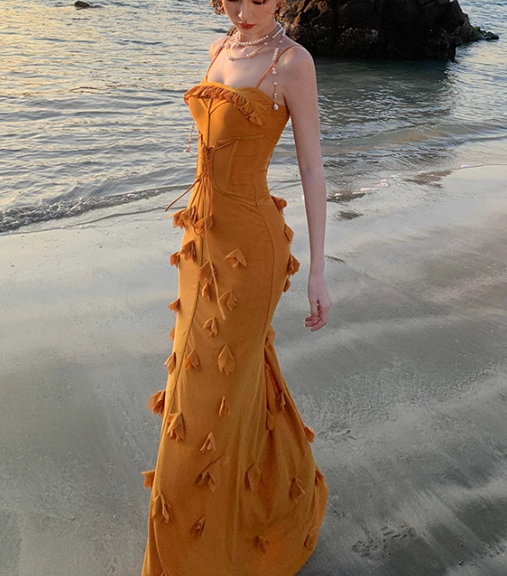 Marigold  Mermaid Spaghetti Strap 3D Flower Long Prom Dress ED01190