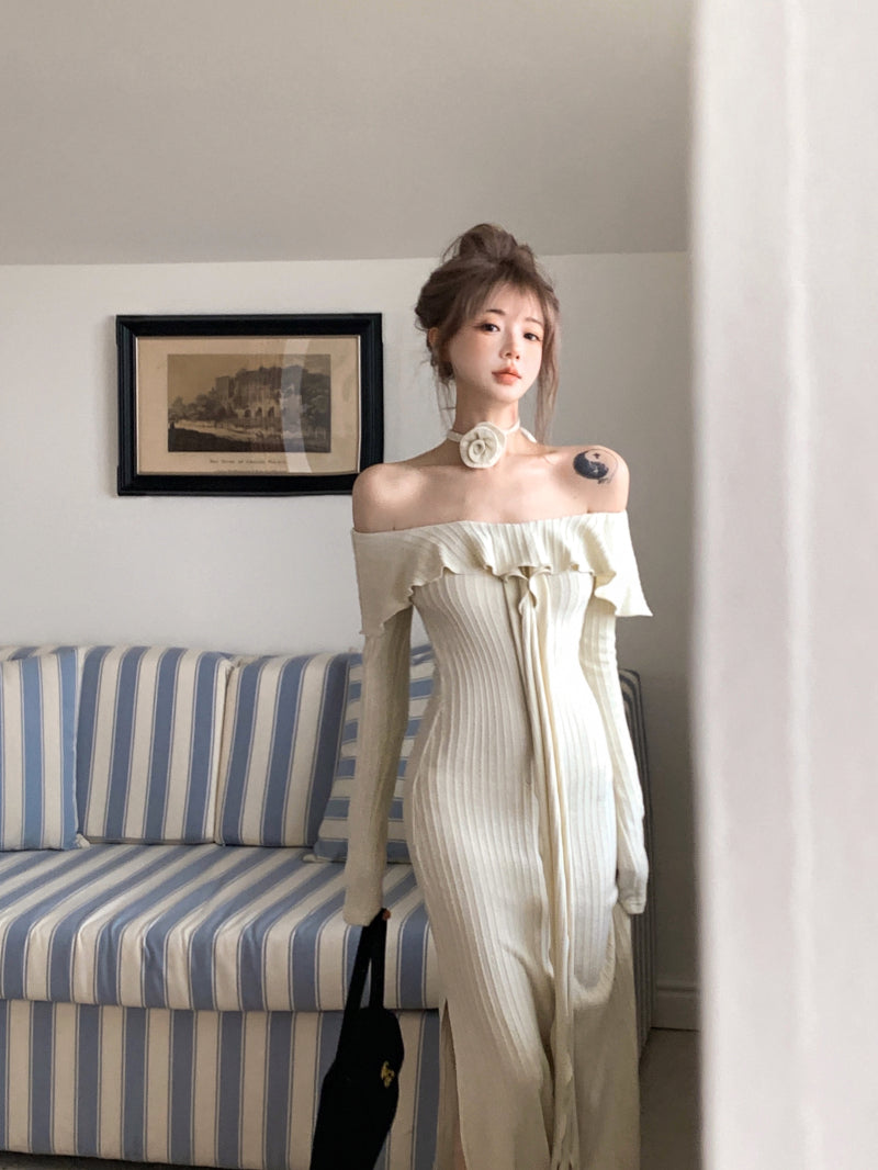 French off-the-shoulder long-sleeved dress ED01192