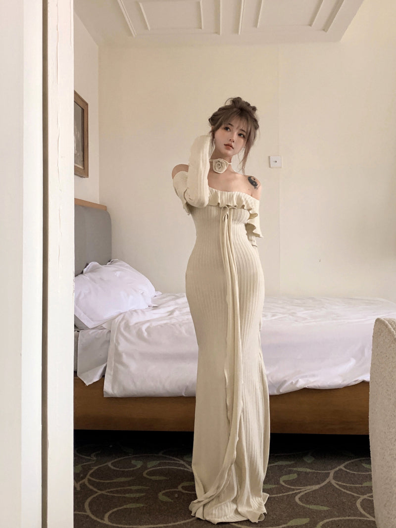 French off-the-shoulder long-sleeved dress ED01192