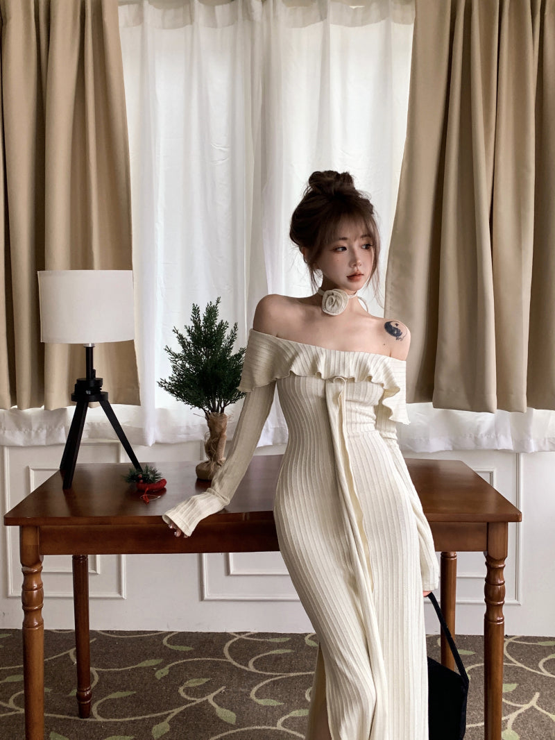 French off-the-shoulder long-sleeved dress ED01192