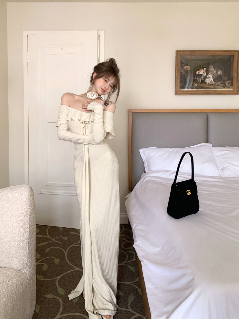 French off-the-shoulder long-sleeved dress ED01192