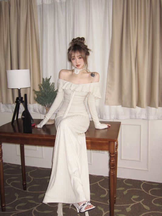 French off-the-shoulder long-sleeved dress ED01192