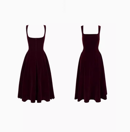 French Retro Burgundy A-Line Square Neck Velvet Dress for Birthday&Graduation ED01193
