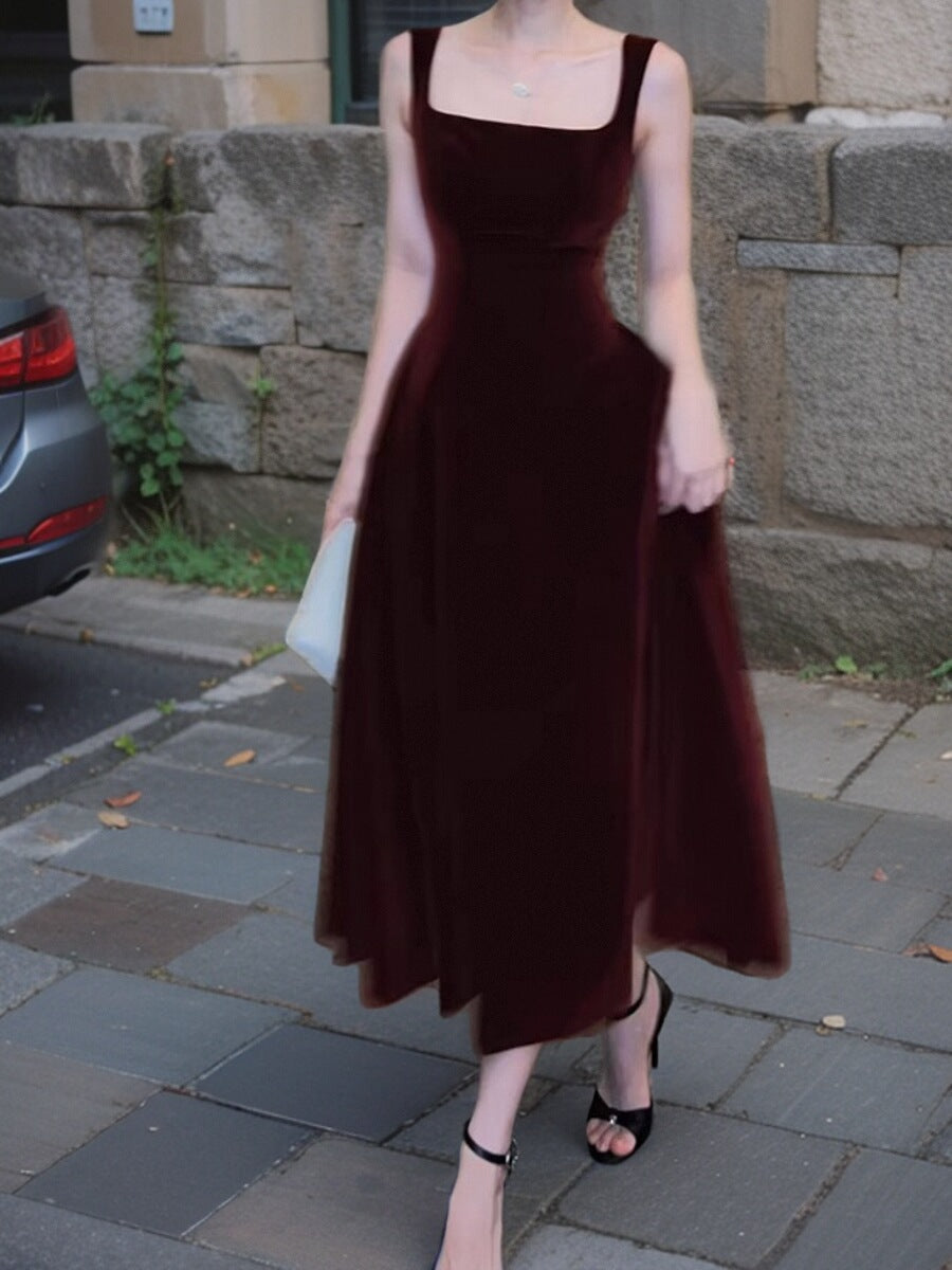 French Retro Burgundy A-Line Square Neck Velvet Dress for Birthday&Graduation ED01193