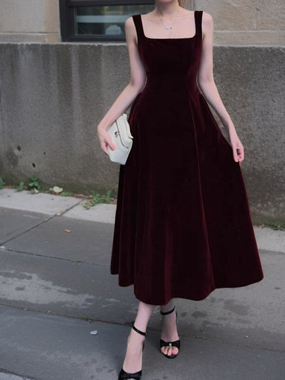 French Retro Burgundy A-Line Square Neck Velvet Dress for Birthday&Graduation ED01193