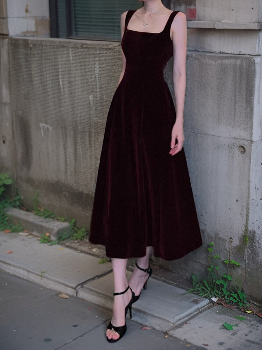 French Retro Burgundy A-Line Square Neck Velvet Dress for Birthday&Graduation ED01193