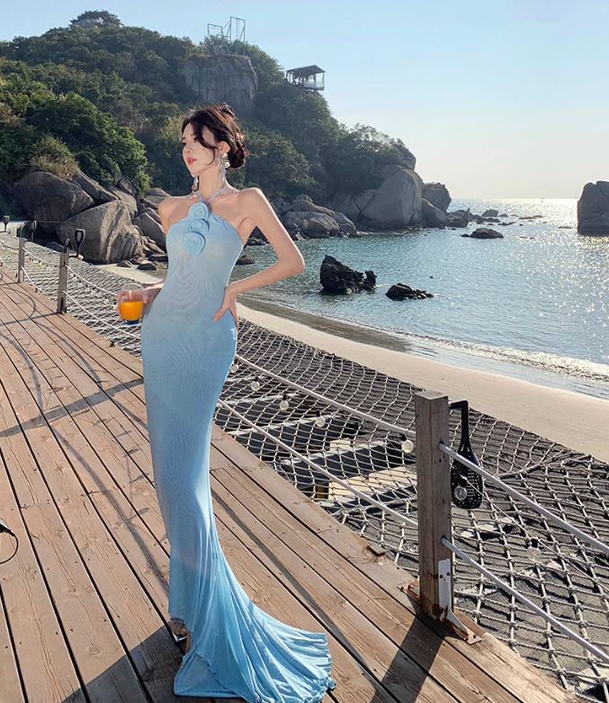 Light Blue Mermaid Halter Neck Long Prom dress Evening Dress ED01194
