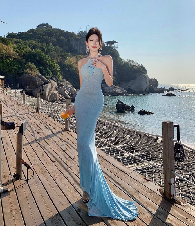 Light Blue Mermaid Halter Neck Long Prom dress Evening Dress ED01194