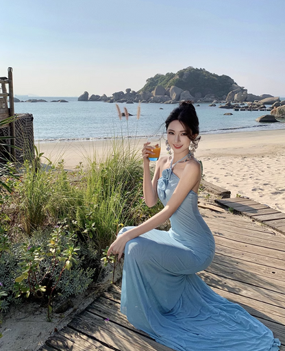 Light Blue Mermaid Halter Neck Long Prom dress Evening Dress ED01194