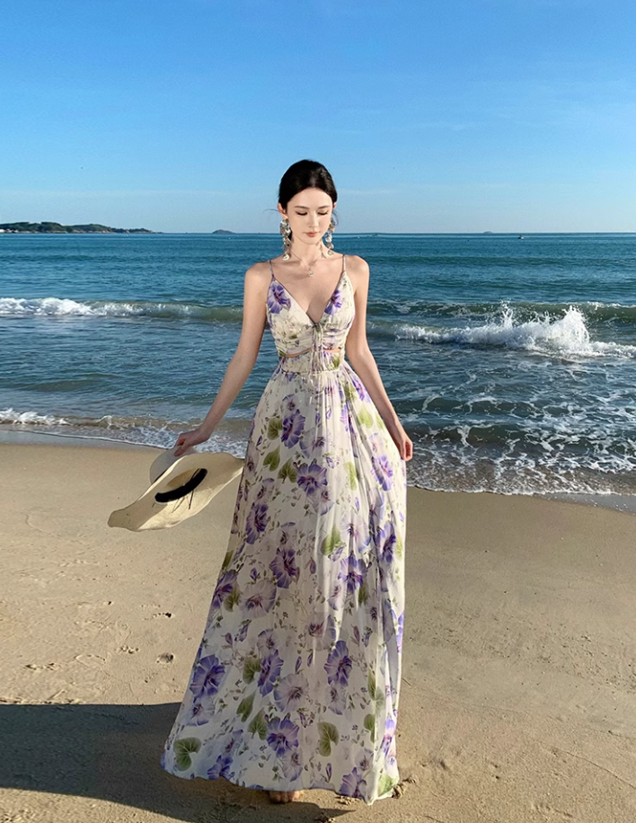 Vintage V-neck purple printed suspender dress ED01195