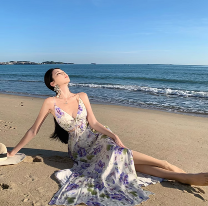 Vintage V-neck purple printed suspender dress ED01195