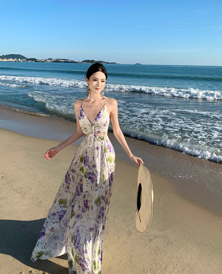 Vintage V-neck purple printed suspender dress ED01195