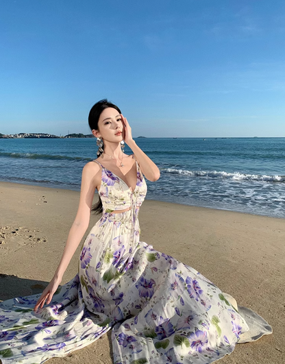 Vintage V-neck purple printed suspender dress ED01195