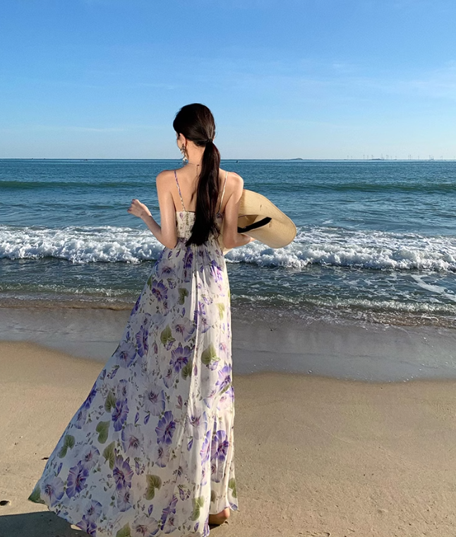 Vintage V-neck purple printed suspender dress ED01195