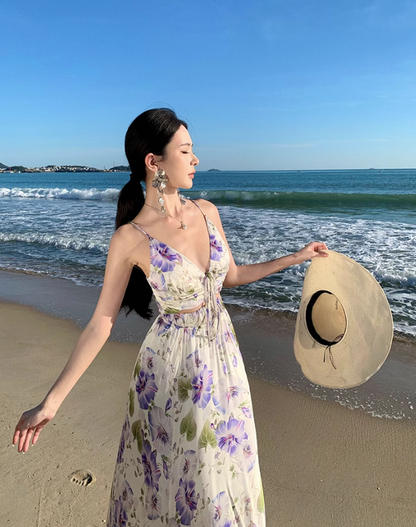 Vintage V-neck purple printed suspender dress ED01195