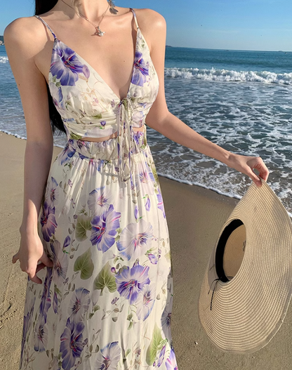 Vintage V-neck purple printed suspender dress ED01195