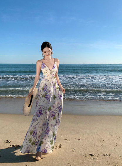 Vintage V-neck purple printed suspender dress ED01195