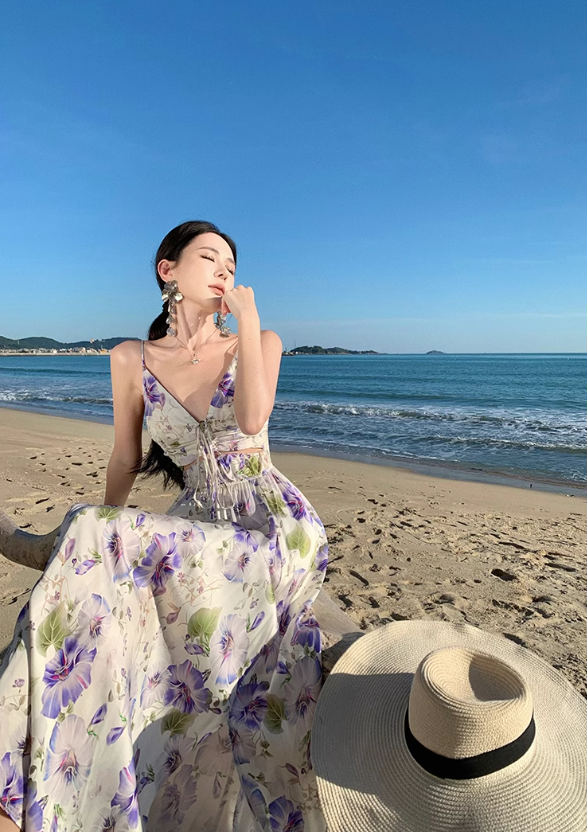 Vintage V-neck purple printed suspender dress ED01195