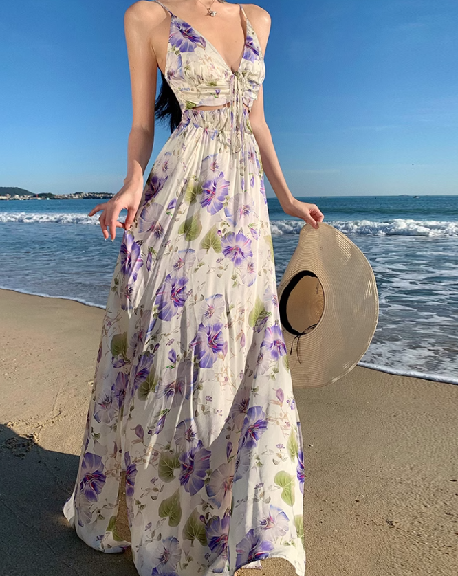 Vintage V-neck purple printed suspender dress ED01195