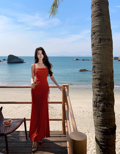 Red Swing Neck Shiny Silk Suspender Fishtail Skirt ED01196