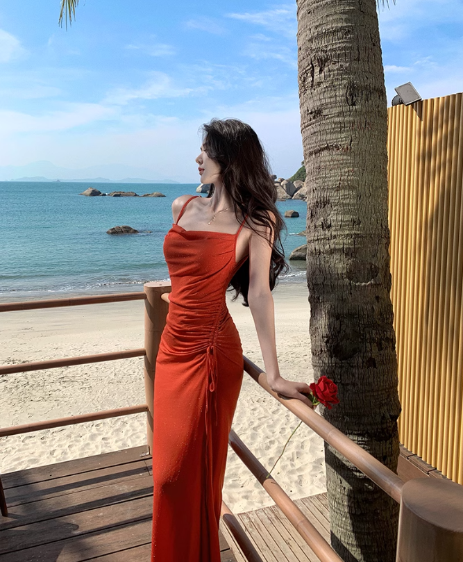 Red Swing Neck Shiny Silk Suspender Fishtail Skirt ED01196