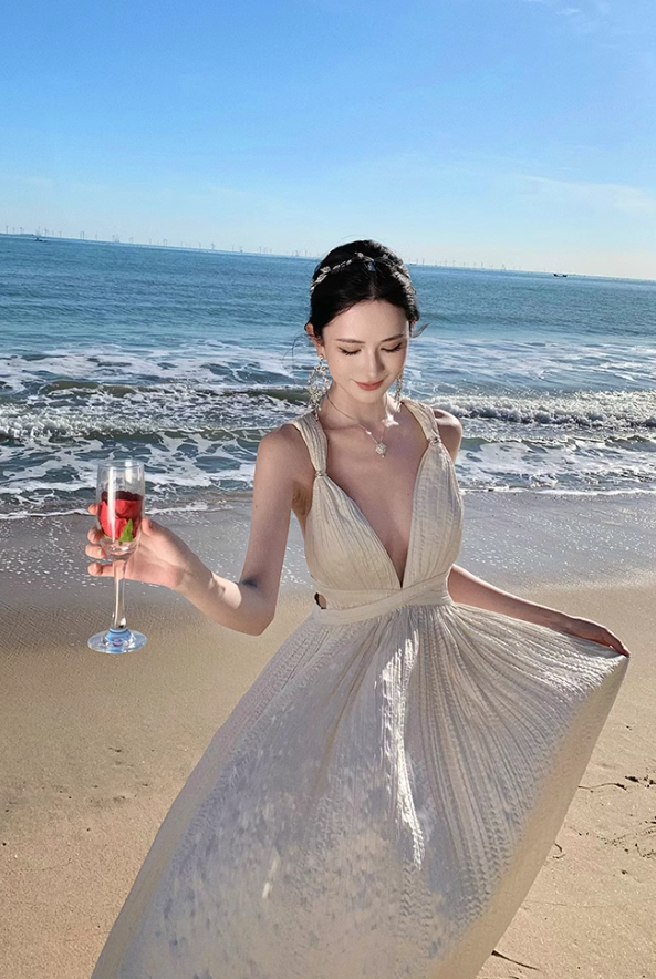 Apricot A-line halterneck long dress, backless beach dress ED01197