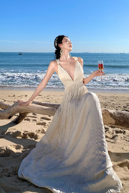 Apricot A-line halterneck long dress, backless beach dress ED01197