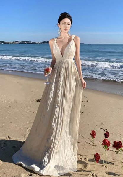 Apricot A-line halterneck long dress, backless beach dress ED01197