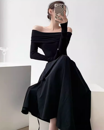 High-end niche design one-shoulder French Hepburn style waisted black and white slim long dress dress for women ED0119