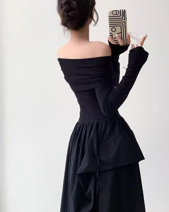 High-end niche design one-shoulder French Hepburn style waisted black and white slim long dress dress for women ED0119
