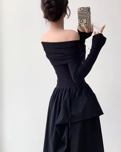 High-end niche design one-shoulder French Hepburn style waisted black and white slim long dress dress for women ED0119