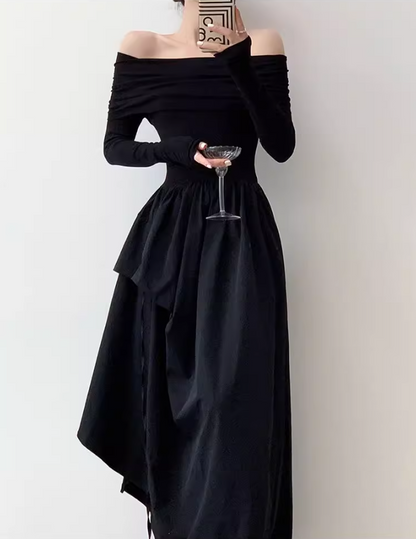 High-end niche design one-shoulder French Hepburn style waisted black and white slim long dress dress for women ED0119