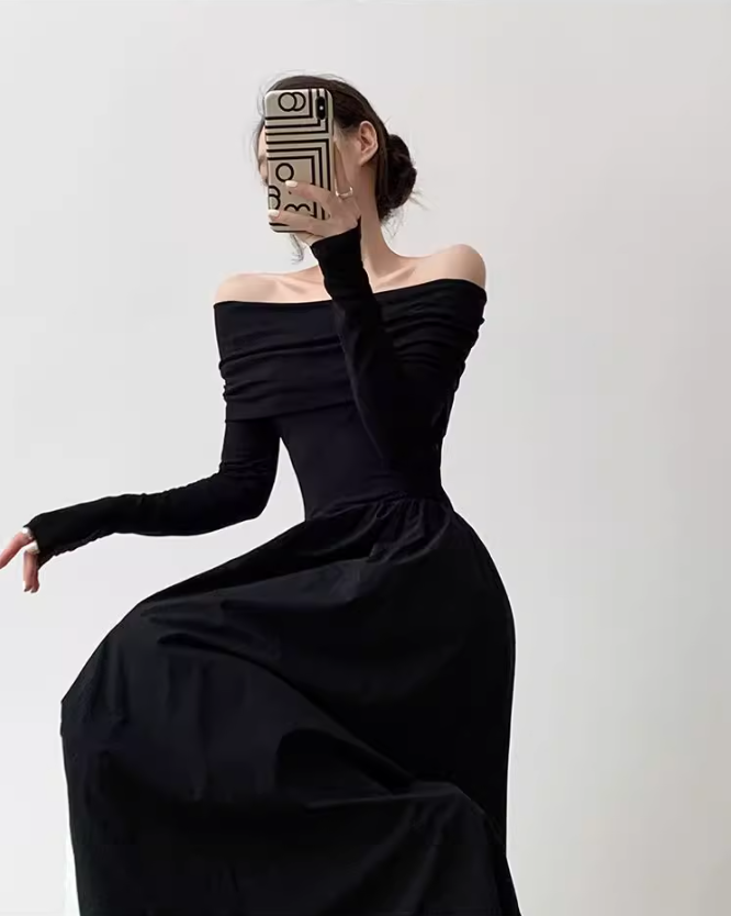 High-end niche design one-shoulder French Hepburn style waisted black and white slim long dress dress for women ED0119