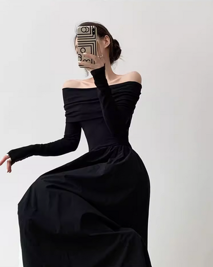 High-end niche design one-shoulder French Hepburn style waisted black and white slim long dress dress for women ED0119