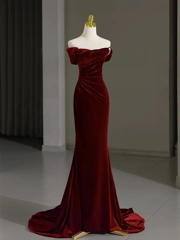 Mermaid Velvet Burgundy Long Prom Dress, Burgundy Long Formal Dress ED012