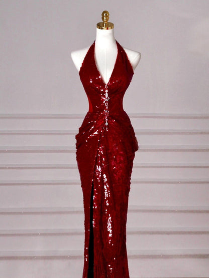 Burgundy Mermaid  V-neck Sequins Long Prom Dress,Formal Prom Dress ED01203