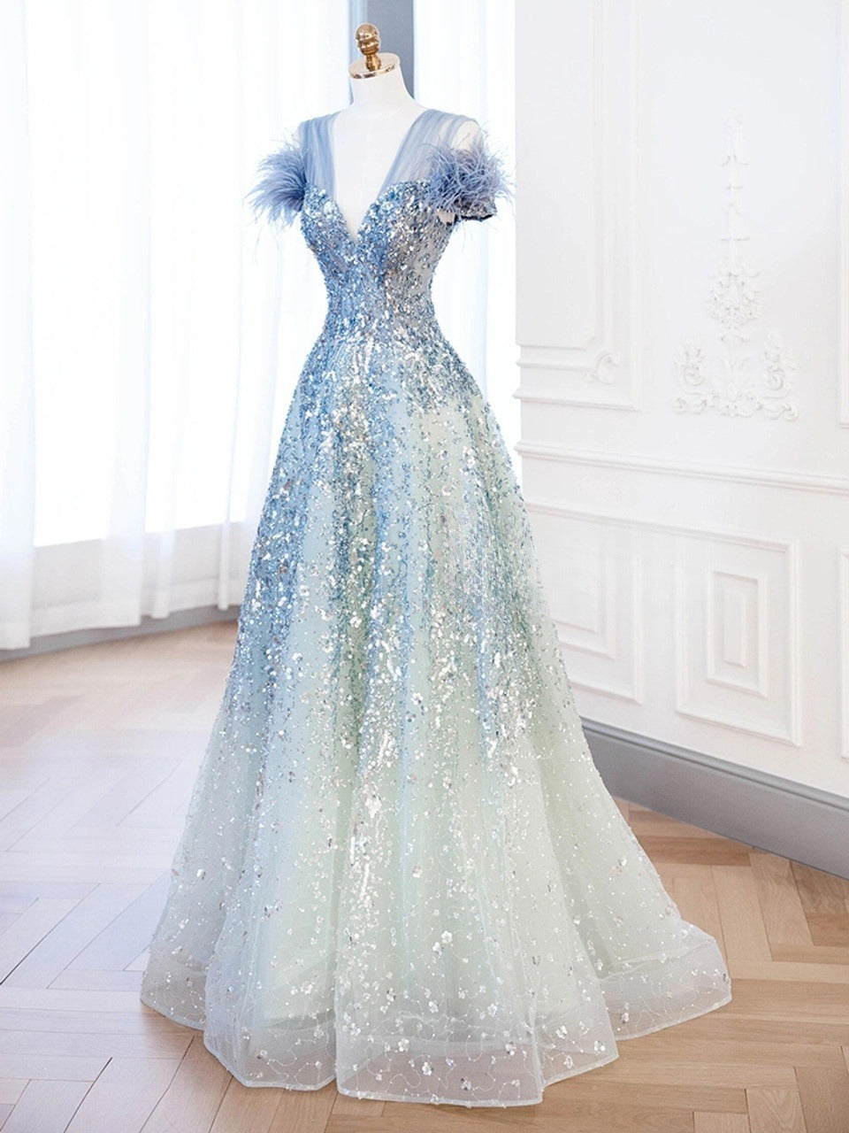 A-line V-neck Blue Tulle Sequins  Long Prom Dress, Blue Formal  Dress ED01206