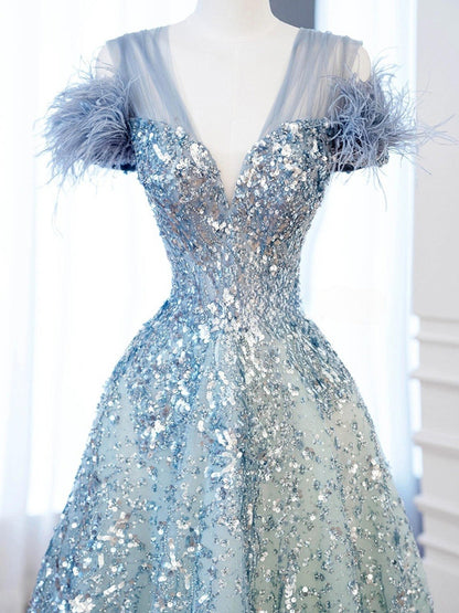 A-line V-neck Blue Tulle Sequins  Long Prom Dress, Blue Formal  Dress ED01206