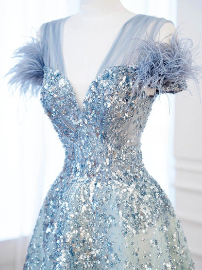 A-line V-neck Blue Tulle Sequins  Long Prom Dress, Blue Formal  Dress ED01206