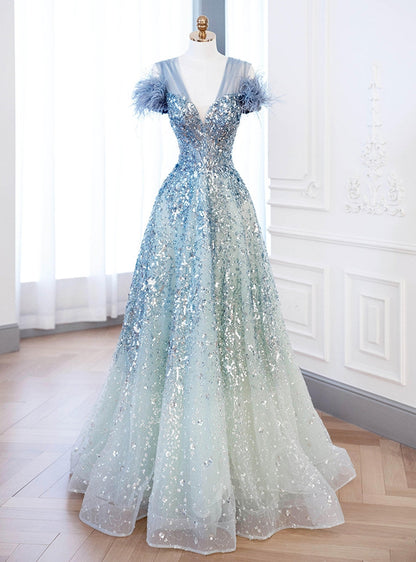 A-line V-neck Blue Tulle Sequins  Long Prom Dress, Blue Formal  Dress ED01206