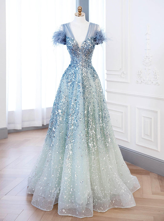 A-line V-neck Blue Tulle Sequins  Long Prom Dress, Blue Formal  Dress ED01206