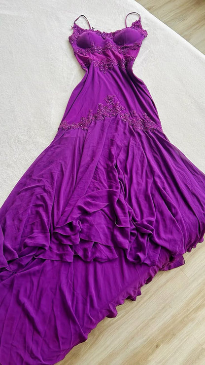 Vintage Grape  Spaghetti Straps Sheath Chiffon Prom Dress With Beads  ED01207