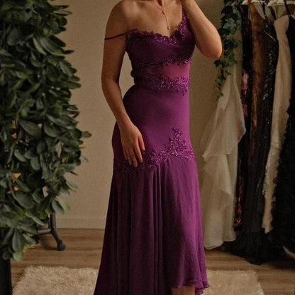 Vintage Grape  Spaghetti Straps Sheath Chiffon Prom Dress With Beads  ED01207