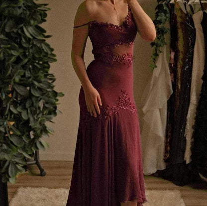 Vintage Grape  Spaghetti Straps Sheath Chiffon Prom Dress With Beads  ED01207