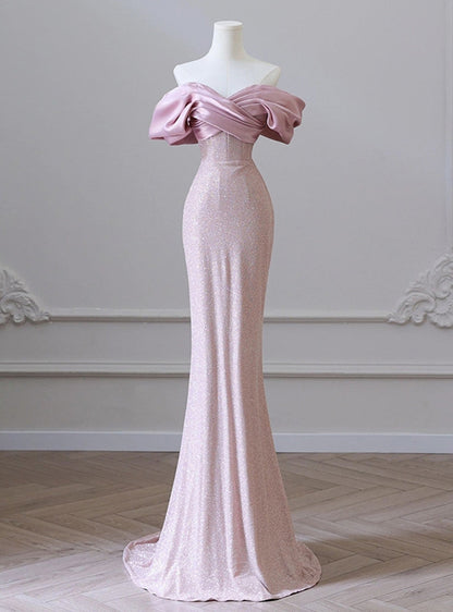 Pink Mermaid Off the Shoulder Long Prom Dress,Pink Formal  Prom Dress ED01208