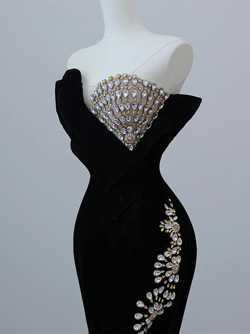 Black Velvet Strapless Crystal Long Prom Dress,Formal Dress ED01209